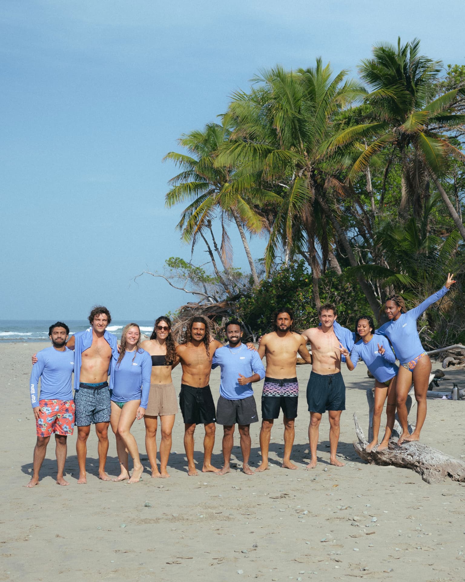 Kahu crew lined up together on the beach beneath the palms